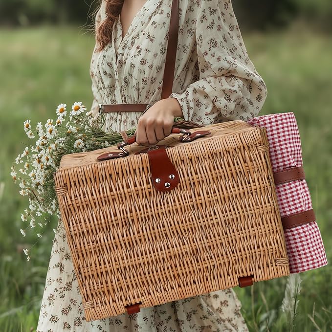 Picnic Basket for 2 with Waterproof Picnic Blanket, Wicker Picnic Set Kit with Cooler for Beach, Insulated Picnic Baskets, Bridal Shower Gift Wedding Gifts with Mr Mrs Wine Glasses and Greeting Card