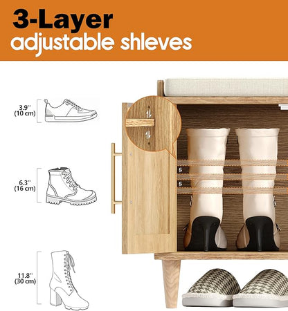 Rattan Shoe Storage Bench with Cushion, 2-Tier Entryway Bench with Adjustable Shelves and 4 Doors, 15" D x 47.2" W x 20" H, Solid Wood Legs, for Hallway, Living Room, Bedroom, Natural Oak