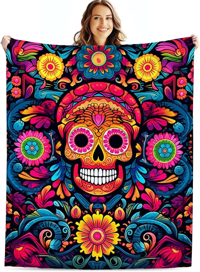 Firmiso Sugar Skull Gifts for Women and Men, Day of The Dead Blanket for Home Decor, Halloween Skull Lighweight Fleece for Bed Room and Living Room, 40x50 inches, No Pilling