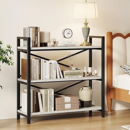 Homeiju 3 Tier Bookshelf 31.49" Width, Wood and Metal Etagere Bookcase, Vintage Farmhouse Modern Wooden Big Book Shelf for Home Living Room Bedroom Office Storage(White)