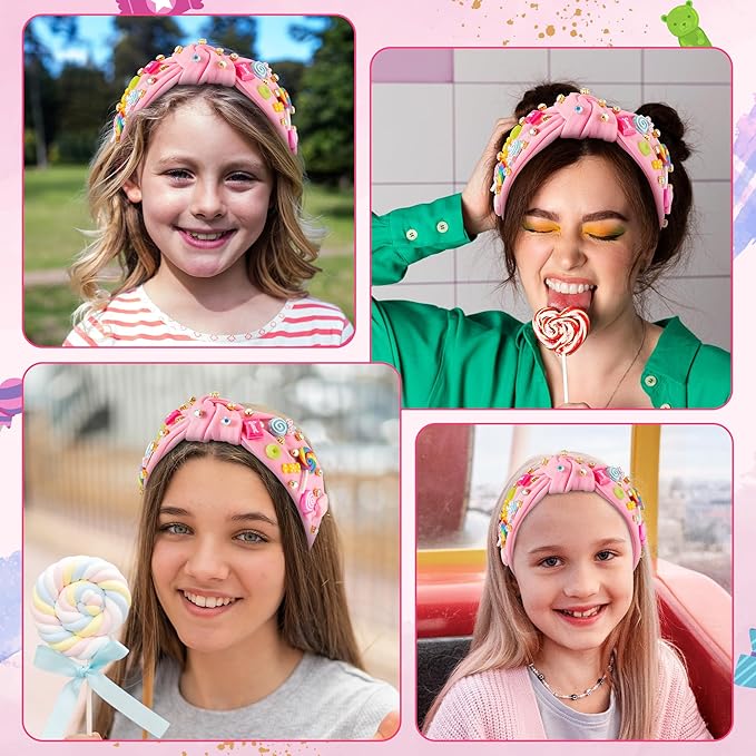 PANTIDE Candy Jeweled Knotted Headband - Christmas Rainbow Lollipop Rhinestone Embellished Preppy Headband Non Slip Wide Top Knot Hairband Hair Accessories Birthday Gift for Women Girls (Pink)