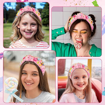 PANTIDE Candy Jeweled Knotted Headband - Christmas Rainbow Lollipop Rhinestone Embellished Preppy Headband Non Slip Wide Top Knot Hairband Hair Accessories Birthday Gift for Women Girls (Pink)