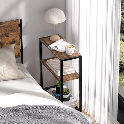 Narrow Side Table Set of 2 for Small Space, 2-Tier Small End Table with Shelf Holder, Slim Nightstand, Skinny Snack Couch Table in Living Room, Bedroom, Study, Kitchen and Balcony (Rustic Brown)