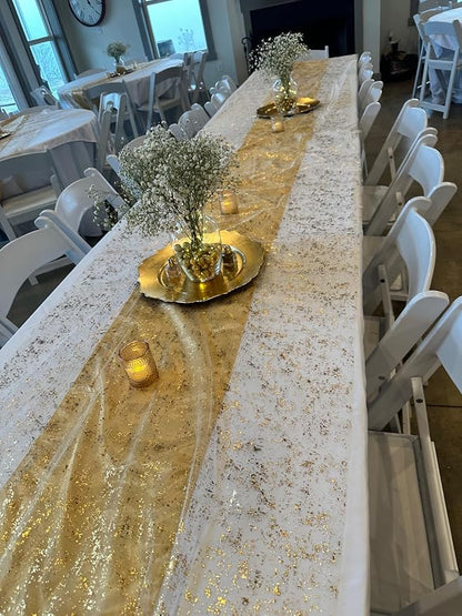 2 Packs Gold Table Runners 10 Ft, Sheer Cheese Cloth Tulle Birthday Decorations, Gold Foil Sequin Table Decoration Centerpiece for Party Birthday Wedding Anniversary Christmas