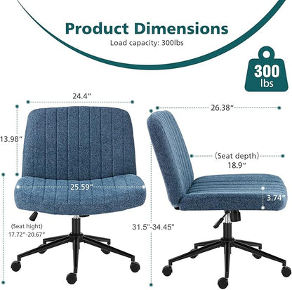 OLIXIS Criss Cross Chair with Wheels Wide Cross Legged Office Desk Vanity Chair Comfy Fabric Armless Adjustable Swivel for Home Computer Task Blue