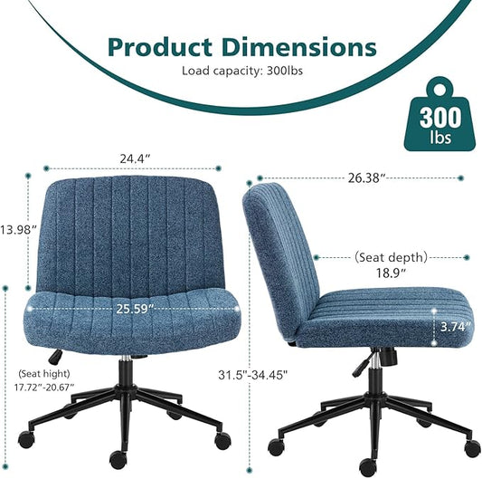 OLIXIS Criss Cross Chair with Wheels Wide Cross Legged Office Desk Vanity Chair Comfy Fabric Armless Adjustable Swivel for Home Computer Task Blue