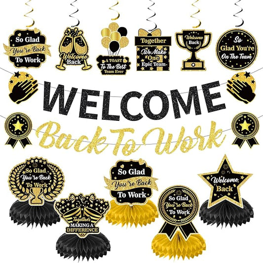 12pcs Welcome Back to Work Decorations Office Black Gold So Glad You're Back To Work Banner and Hanging Swirls Table Centerpieces Office Party Supplies for Indoors Outdoors