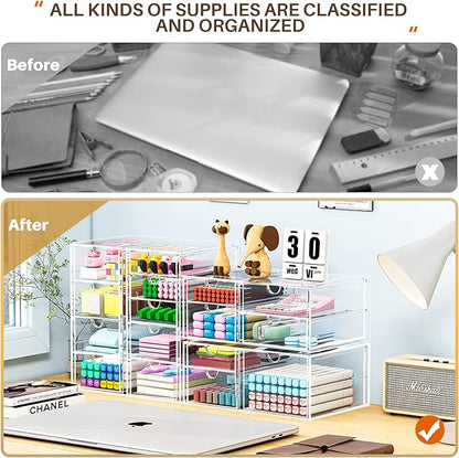 Makeup Organizer Storage with 16 Drawers, 4 Pcs Desktop Office Supplies, Desk Organizers, Clear Accessories, Dustproof Storage Drawer and for Make Up, Jewelry, Pen, Stationary