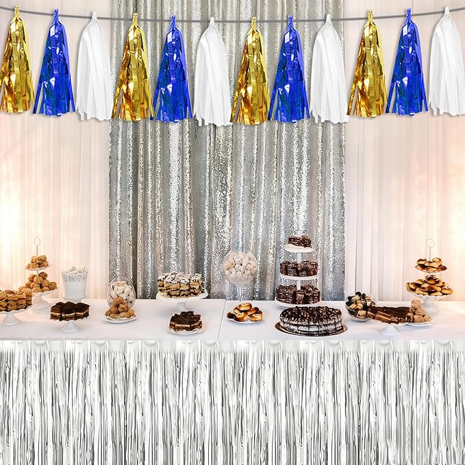 3 Pack Navy-Blue White and Gold Tassel Banner Garland Metallic Foil Fringe Banner Tinsel Tassels Streamer Banner Backdrop for Parade Floats, 2025 Graduation, Retirement Party Decoratio