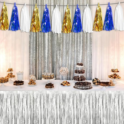 3 Pack Navy-Blue White and Gold Tassel Banner Garland Metallic Foil Fringe Banner Tinsel Tassels Streamer Banner Backdrop for Parade Floats, 2025 Graduation, Retirement Party Decoratio