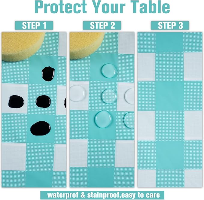 Kesfey 3 Packs Aqua and White Gingham Table Cloths 54 x 108 Inches Disposable Plastic Checkered Tablecovers Waterproof Rectangle Picnic Party Table Covers for Birthday Party Supplies Christmas