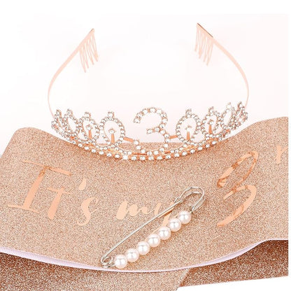 CIEHER 3th Birthday Party Supplies: Crown, Sash, Pearl Pin Set - Decorations for Little Girls' Special Day