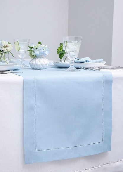 Solino Home Linen Sky Blue Table Runner 60 Inches - Classic Hemstitch, 100% Pure Linen Coffee Table Runner 14 x 60 Inch Ideal for Dresser Tables - Holiday, Christmas, New Year