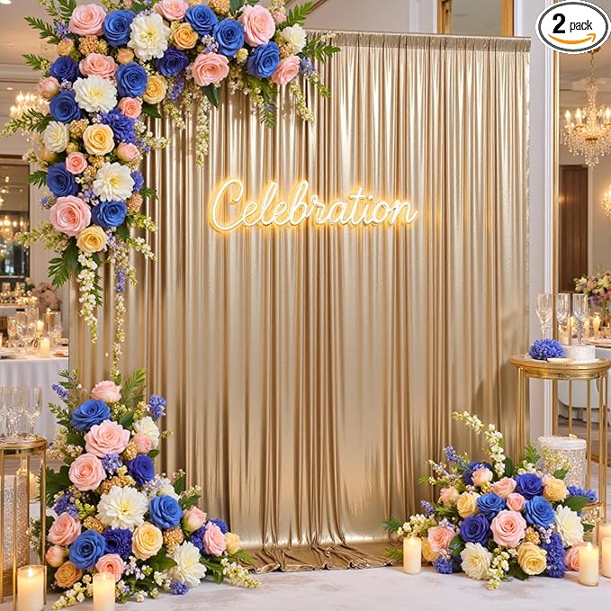 10ftx10ft Champagne Gold Sequin Backdrop Curtain for Wedding Parties, 2 Panels 5x10ft Thick Wrinkle Free Shimmer Glitter Photo Backdrop Drapes Curtains for Birthday Photography Background Cloth