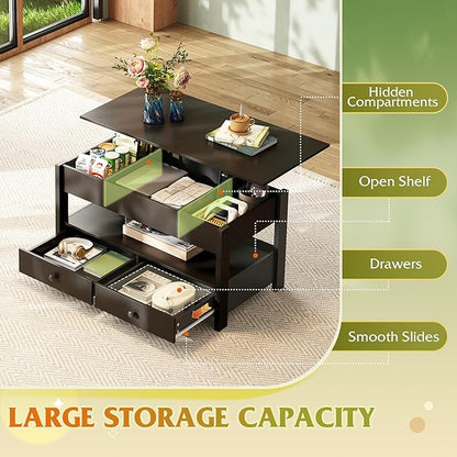 WLIVE Coffee Table, Lift Top Coffee Table with 2 Drawers, Large Hidden Compartment and Open Storage Shelf, Lift Tabletop, Dining Table for Living Room, Black