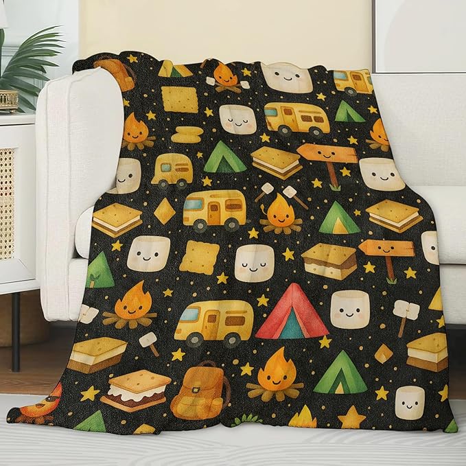 Cute Cartoon Camping Blanket, Marshmallow Tent and Star Blankts, Gifts for Adults Kids, Home Dorm Cabin Pet Area Picnic and Travel Decor, Soft Cozy Lightweight Flannel Throw,50"x60"
