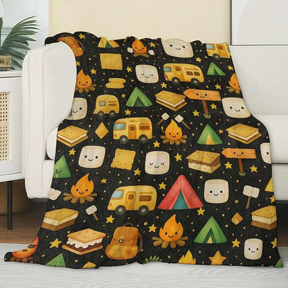 Cute Cartoon Camping Blanket, Marshmallow Tent and Star Blankts, Gifts for Adults Kids, Home Dorm Cabin Pet Area Picnic and Travel Decor, Soft Cozy Lightweight Flannel Throw,50"x60"