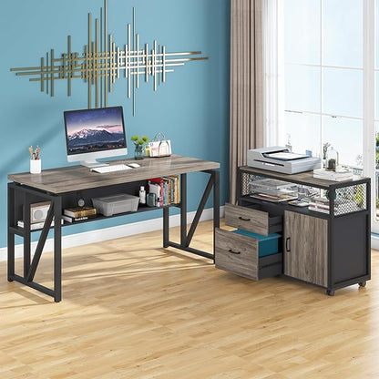 Tribesigns Grey Executive Desk with Cabinet, 55" L Shaped Computer Desk and lateral File Cabinet with Locks, 2 Piece Home Office Furniture Set for Hanging (Gray, 55 inches)