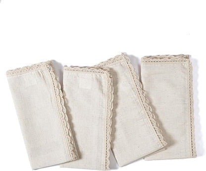 Cloth Napkins Reusable Natural Cloth Dinner Napkins Set of 12 Cotton Flax Fabric Oversized 20x20 Inches Cloth Napkins with Lace for Parties Weddings Washable Cocktail Napkins Thanksgiving Decor