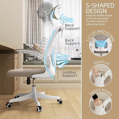 Monhey Ergonomic Office Chair, 90°-125° Tilt Back Home Desk Chair with 360° Swivel & Mute Wheels, High Back Mesh Computer Chair for Adults with Lumbar Support, 330 LBS Capacity (04White+Khaki)