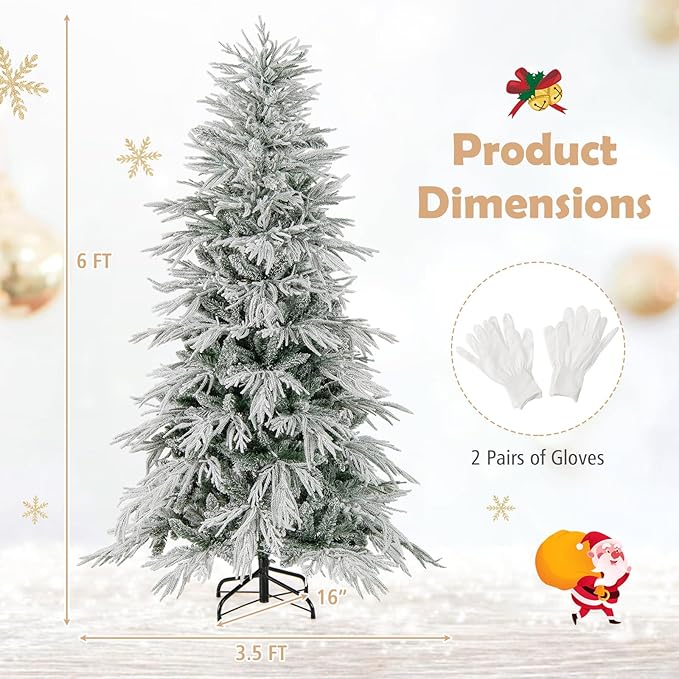 GOFLAME 6FT Pre-lit Artificial Christmas Tree, Snow Flocked Hinged Xmas Tree with 250 Warm White LED Lights, 594 Branch Tips and Folding Metal Stand, Holiday Decoration Tree for Home Party