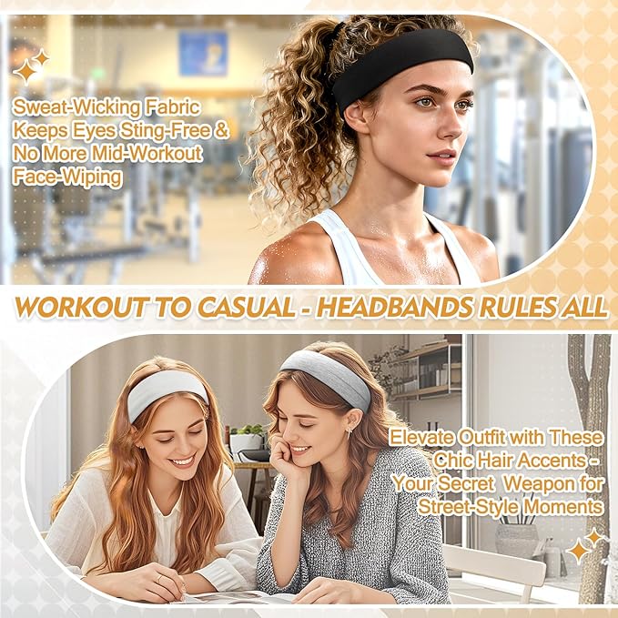 Headbands for Women and Men - 8 Pcs Black White Headband Hair Bands Accessory Stretchy Soft Fabric Sweat Head band for Workout Sport Stocking Stuffers for Men Women Husband Wife Friend Christmas Gifts