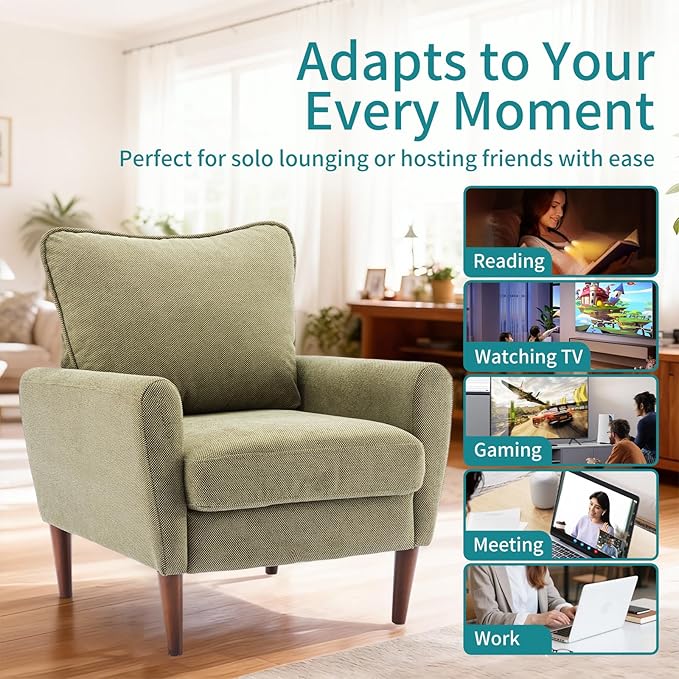 OLIXIS Comfy Accent Chair for Living Room Bedroom and Waiting Room, Upholstered Mid-Century Reading Chair with Pillow and Solid Wood Legs, Wide Singe Modern Lounge Sofa (Green, 2 Pack)