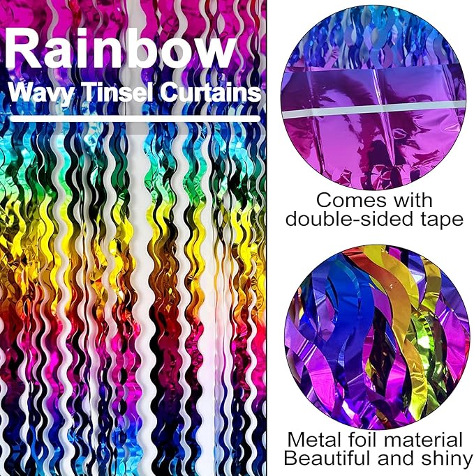 4 Pack Rainbow Fringe Curtain Backdrop 3.2Ft x 8.2Ft Metallic Tinsel Foil Fringe Streamers Background for Photo Booth Mother's Day, Easter, Carnival, Birthday, Wedding Party Decoration