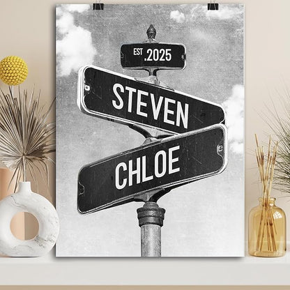 Personalized Vintage Street Sign For Couples, Custom Street Sign Canvas Poster Wall Art With Names, Gift For Valentine