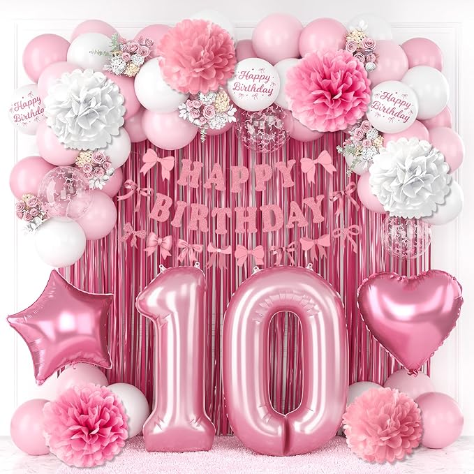 10th Birthday Decorations for Girls Pink Number 10 Balloon Bow Coquette Happy Birthday Banner Fringe Curtain Paper Pom Poms Star Heart Foil Pink White Balloons 10 Year Old Party Decor