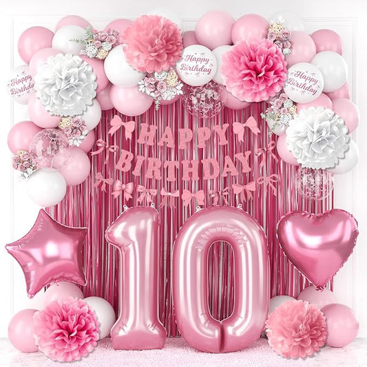 10th Birthday Decorations for Girls Pink Number 10 Balloon Bow Coquette Happy Birthday Banner Fringe Curtain Paper Pom Poms Star Heart Foil Pink White Balloons 10 Year Old Party Decor