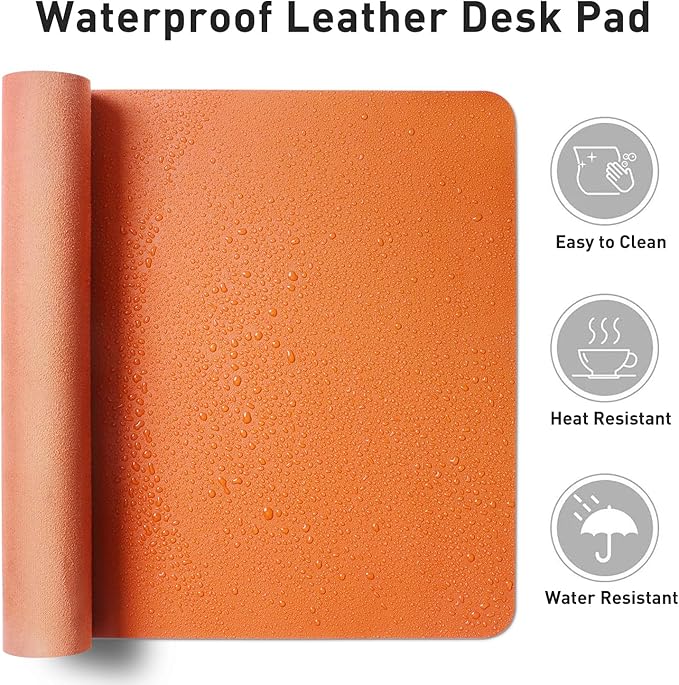 Aothia Faux Leather Desk Mat - Large Mouse Pad, Non-Slip PU Leather Blotter, Waterproof Writing Surface for Office and Home (Orange, 55" x 17")