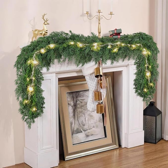 9 FT Christmas Cedar Garland - Thick Real Touch Pine Garland - Realistic Cypress Garlands Christmas Decorations for Mantel Table Stairs Porch - Outdoor Indoor Xmas Holiday Decor