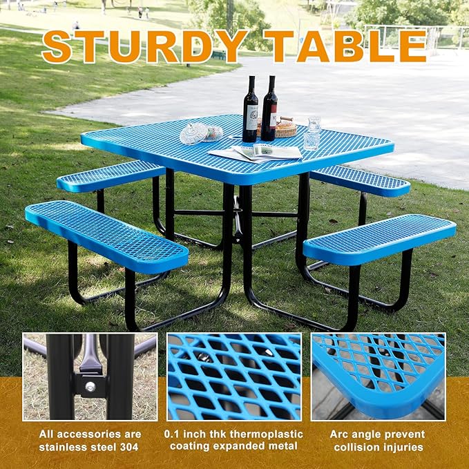 46-Inch Square Outdoor Picnic Table – Commercial Heavy-Duty Steel Dining Table with Thermoplastic Coating, Weather & Rust Resistant, Ideal for Parks, Patios, Schools, Campgrounds (Blue)