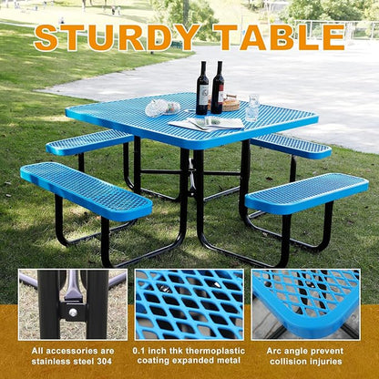 46-Inch Square Outdoor Picnic Table – Commercial Heavy-Duty Steel Dining Table with Thermoplastic Coating, Weather & Rust Resistant, Ideal for Parks, Patios, Schools, Campgrounds (Blue)