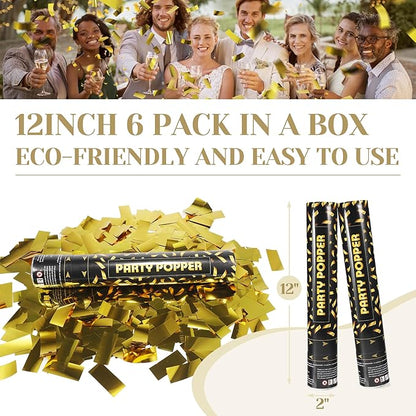 Confetti Cannon,Gold Confetti Poppers 6 Pack 12 Inch Party Poppers For Wedding,Birthday,Christmas,New Year eve Party,Celebrations,Baby Shower Decorations,Graduation