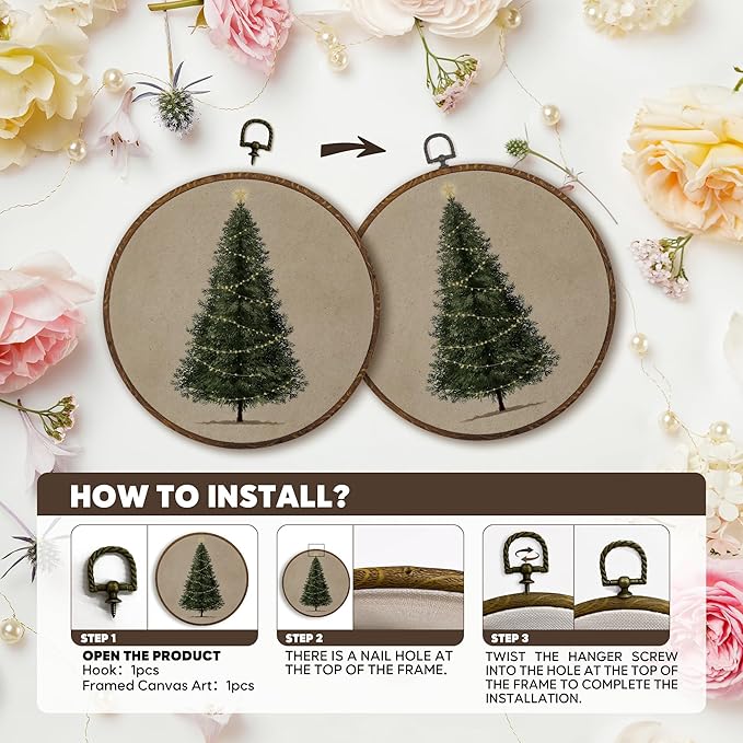 MOTERMATE Vintage Christmas Tree Wall Art Decor Round Framed, Christmas Canvas Wall Art Artwork Prints, Rustic Neutral Winter Xmas Tree Hanging Decor Decorations for Home Living Room, 10x10 Inch