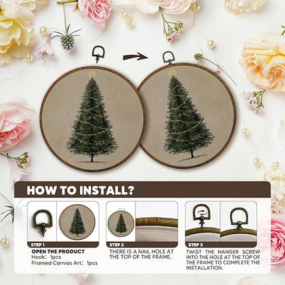 MOTERMATE Vintage Christmas Tree Wall Art Decor Round Framed, Christmas Canvas Wall Art Artwork Prints, Rustic Neutral Winter Xmas Tree Hanging Decor Decorations for Home Living Room, 10x10 Inch