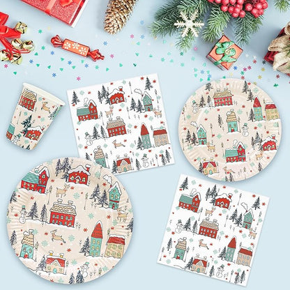 YY 100 Christmas Party Paper Plates Napkins and Cups Set Xmas Village Disposable Dinnerware Set