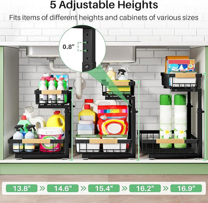 Kitstorack Under Sink Organizer, 2 Tier Under the Sink Storage, Slide out Pull out Cabinet Organizer Shelf, Metal Sliding Drawer for Kitchen Bathroom Pantry Closet Organization Rack, Black, 2 Pack