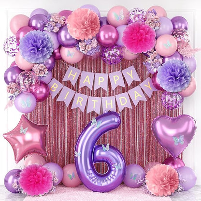Pink Purple 6th Birthday Party Decorations for Girls Number 6 Balloon Happy Birthday Banner Butterfly Stickers Fringe Curtain Paper Pom Poms Metallic Hot Pink Star Foil Balloons 6 Year Old Princess