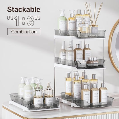 Delamu 2-Tier Multi-Purpose Bathroom Under Sink Organizers and Storage, Stackable Kitchen Pantry Organization, Pull Out Medicine Cabinet Organizer with Movable Dividers, Grey, 2 Pack