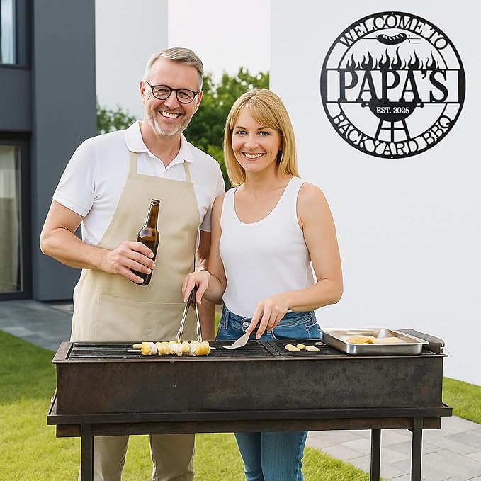 Custom BBQ Metal Wall Art, Personalized Grill Name Cut Sign for Outdoor Kitchen and Backyard Patio, Rustic Barbecue Gift