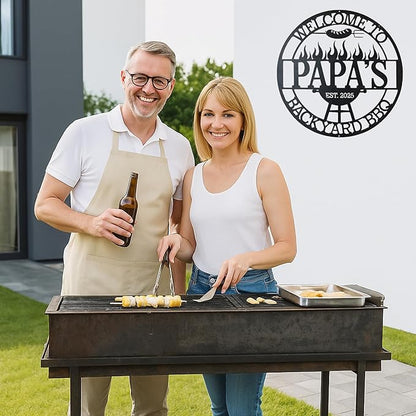 Custom BBQ Metal Wall Art, Personalized Grill Name Cut Sign for Outdoor Kitchen and Backyard Patio, Rustic Barbecue Gift
