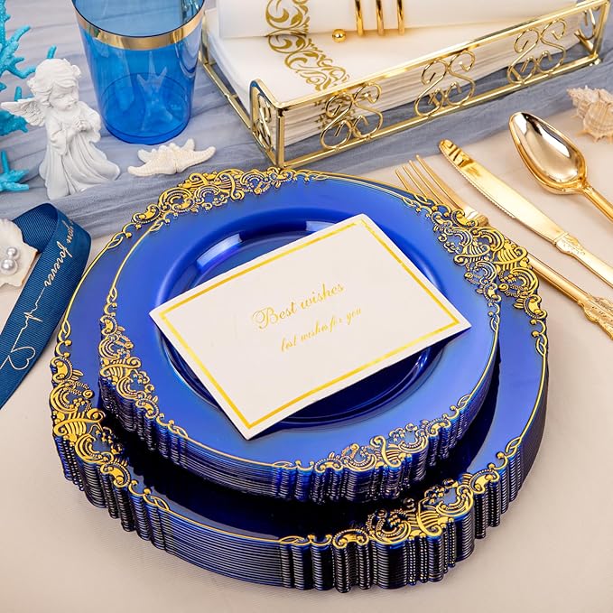 Hioasis 210pcs Blue and Gold Plastic Plates - Elegant Disposable Dinnerware Set Suitable for 30 Guests Include 10.25" Dinner & 7.5" Dessert Plates, Pre Rolled Silverware Set, Cups for Christmas