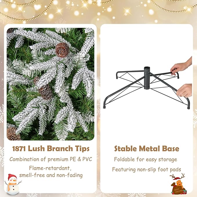 GOFLAME 9FT Pre-Lit Artificial Christmas Tree, Snow Flocked Xmas Tree with 1871 Branch Tips, 690 Warm White LED Lights, 117 Pine Cones, Holiday Decoration Tree for Home Office Party