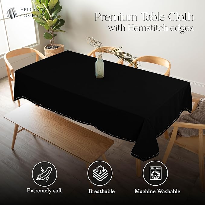 Black Cotton Table Cloth, 60x86 Inch, Fits 6-8 Seats, Soft, Durable, Washable, Wrinkle Resistant, Rectangle Tablecloth for Dining, Formal Dinner, Party Decor, Events, All Seasons