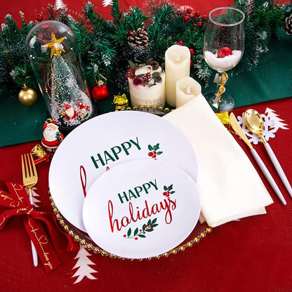 Supernal 150pcs Christmas Plastic Plates Disposable Holiday Plates,Christmas Dinnerware with Xmas Plate,White and Gold Plastic Silverware, Disposable Party Plate with "Happy Holiday"