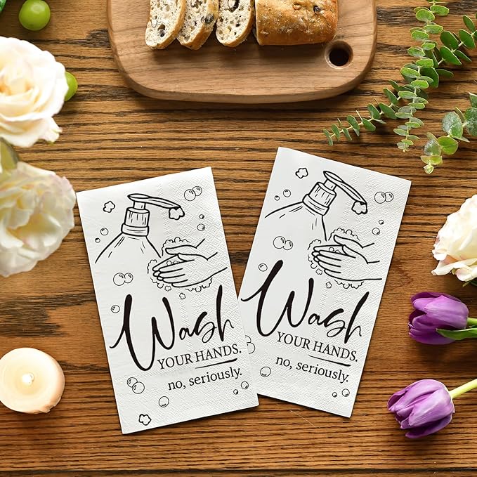 Horaldaily 100 Disposable Paper Napkin Decorative Guest Napkins, White Wash Your Hands White Bathroom Guest Napkins Hand Towel for Powder Room