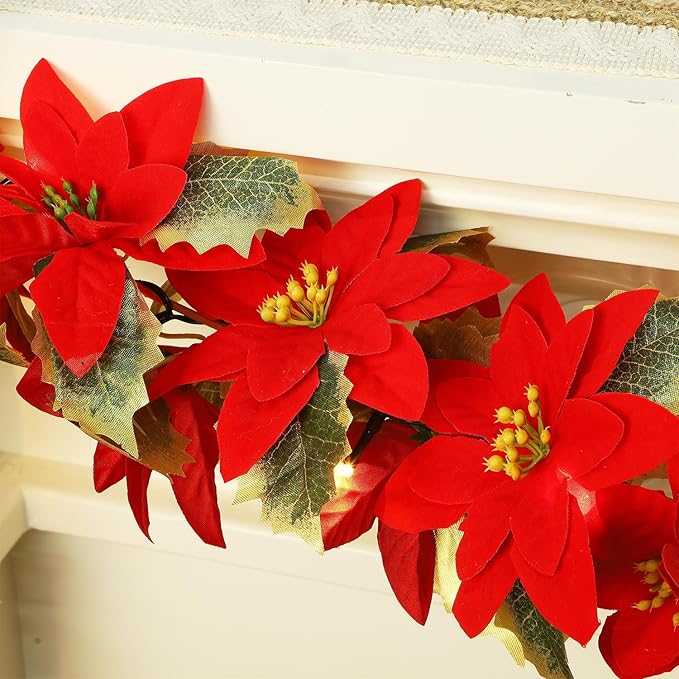 Glintoper Christmas Poinsettia Garland, 9 FT Lighted Artificial Garlands with Red Flowers, Battery Operated with Timer Poinsettia String Lights, Light up for Xmas New Year Holiday Home Decor